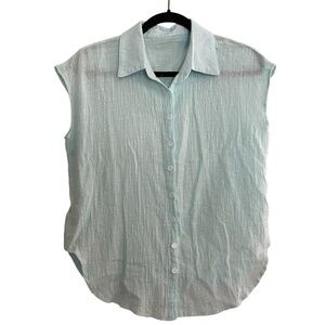 Cyan Blue Beachy Boho Lightweight Button Up Short Sleeve‎ Top